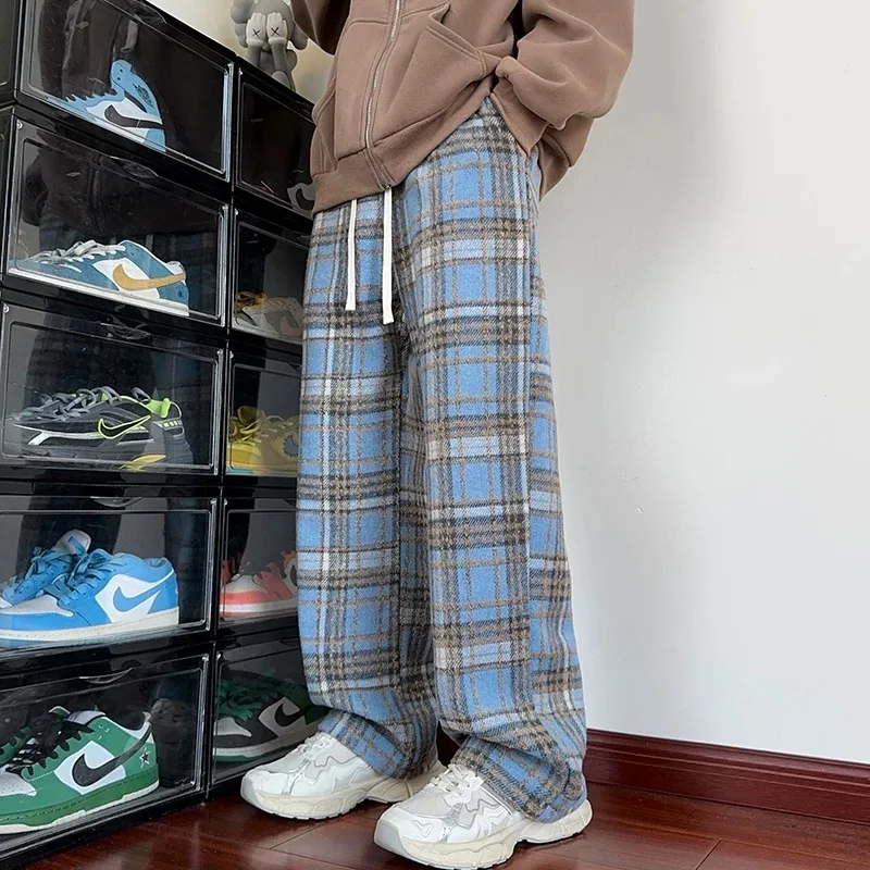 Fashionable woolen plaid pants men's loose oversized casual pants