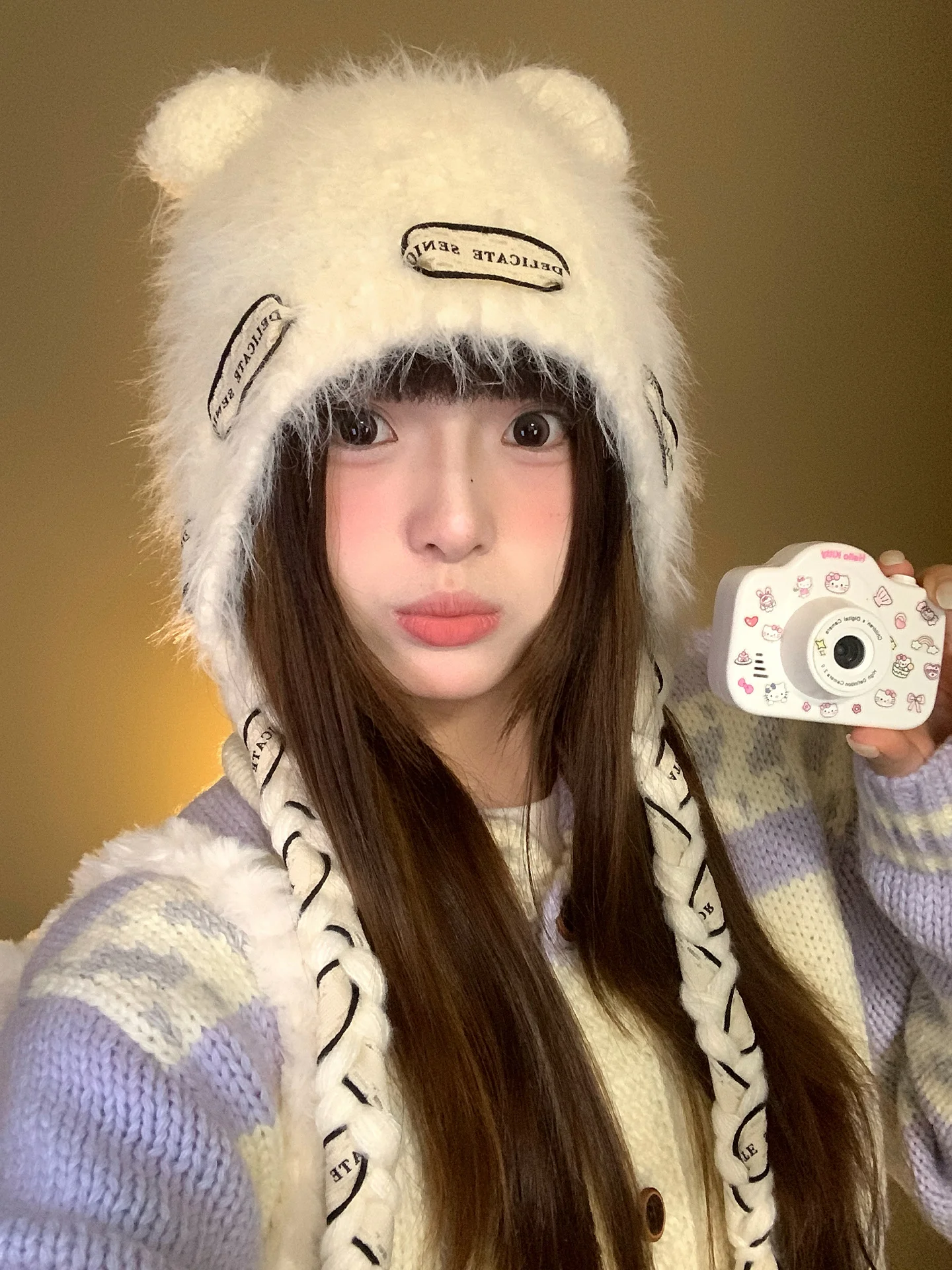 Cute Push Bear Ear Lei Feng Hat For Women Thickened Winter Woolen Hat To Protect Ears Knitted Hat