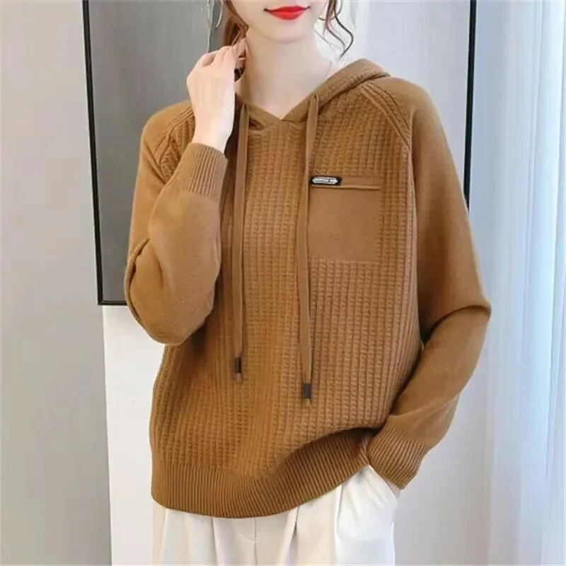 

2024 New Spring Autumn Women's Hooded Sweater Korean Loose Wool Knitted Jumper Solid Color Sweater Coat Female Pullover Knit Top