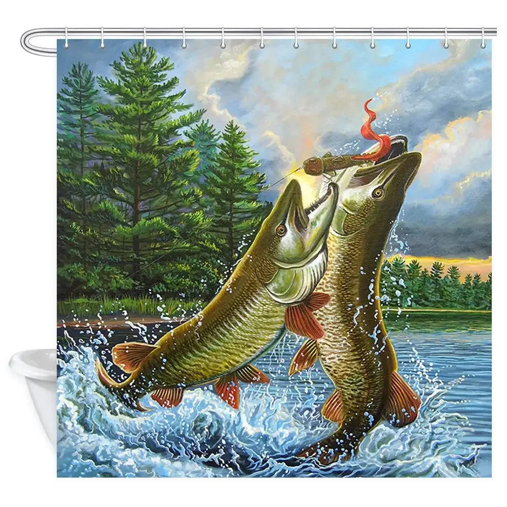 Natural Forest River Art Painting Outdoor Bass Fishing Decor Shower Curtain for Bathroom