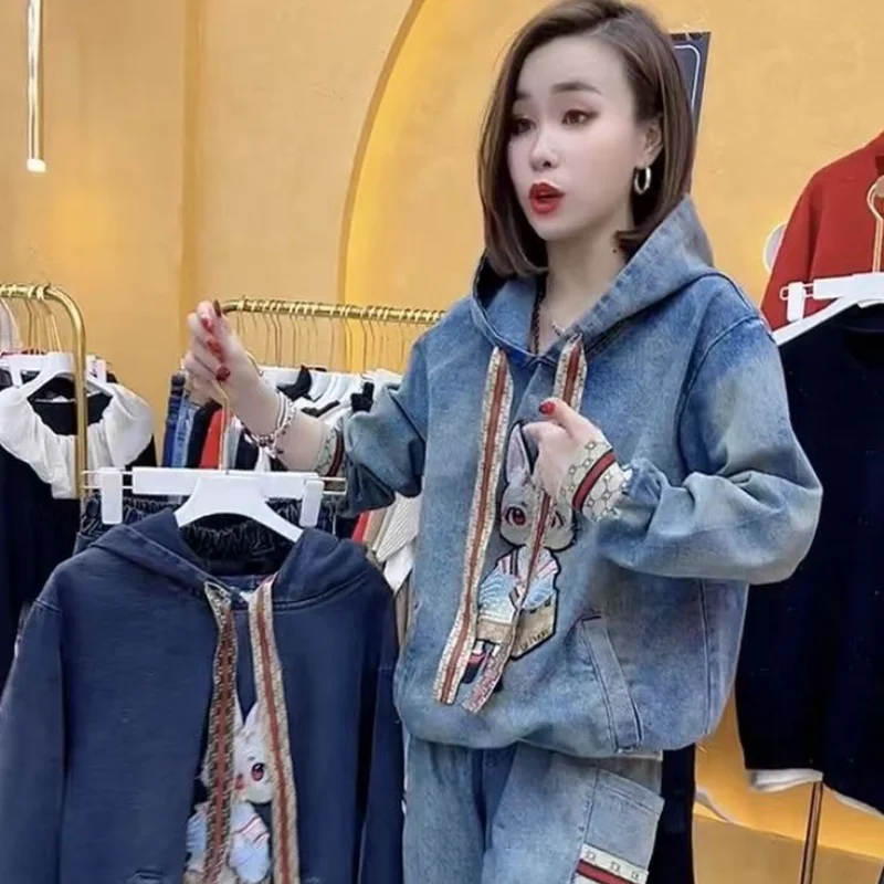 Spring and Autumn New Denim Suit Casual Loose Fashion Hooded Animal Pattern Long Sleeve Shirt and Trousers Office Two-piece Set