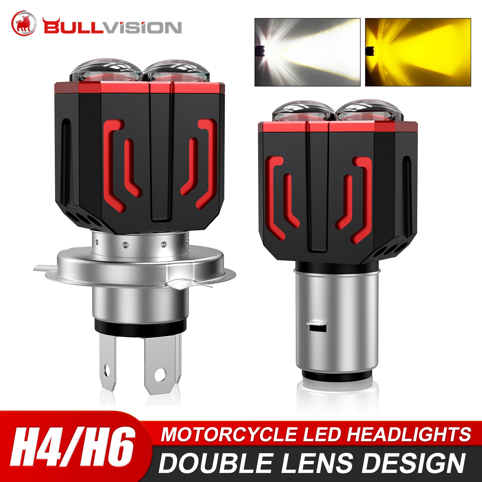 1Pc H4 BA20D LED Motorcycle Headlight Bulb 3570 CSP Dual Color H6 Double Lens Motorbike Scooter Running Light White Yellow 12V
