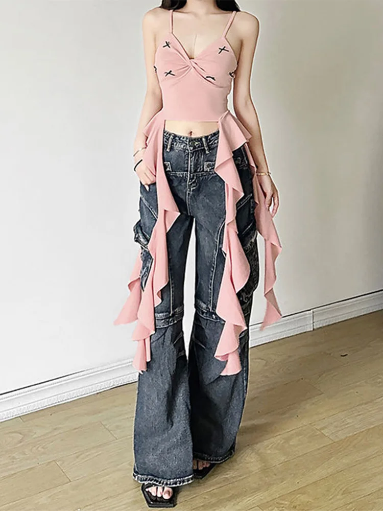 Y2k Cool Girl Dolce Rosa Temperamento Bretelle a nastro irregolari Estate femminile Fiocco carino Slim Fit Personalità Versatile Top corto