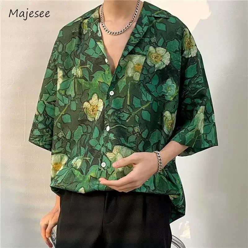 Green Print Shirts Men Vintage Summer Holiday Fashion Short Sleeve Unisex Teens Gothic Popular Ins Beach Clothing Thin Handsome