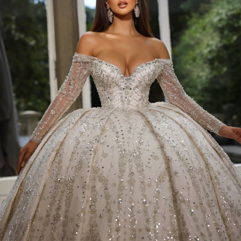 

Luxury Dubai 2024 Wedding Dresses Long Sleeve Bridal Gowns Ball Gown Beading Arabic Off The Shoulder Church Vestido de Noiva