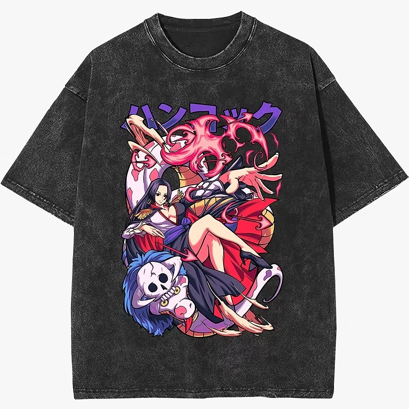 

One Piece 2026 Summer Vintage Washed Cotton T Shirt Oversized Streetwear Boa Hancock Pirate Empress Snake Companion Colorful