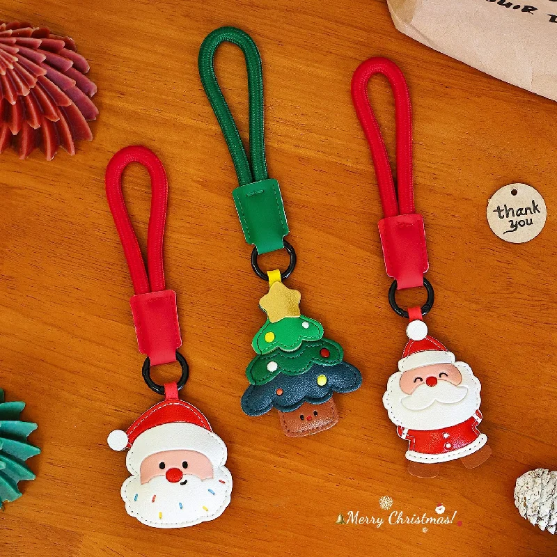 Christmas Leather Keychain Pendant Cartoon Santa Claus Bag Pendant Christmas Gift Decoration Supplies