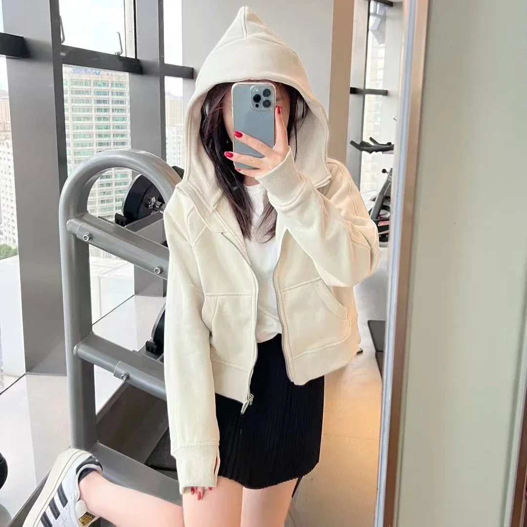 Lemon Autumn Winter Windproof SCUBA Women's Yoga Solid Sports Pullover Hooded Sweater Plush Outdoor Loose Easy Fashion Add