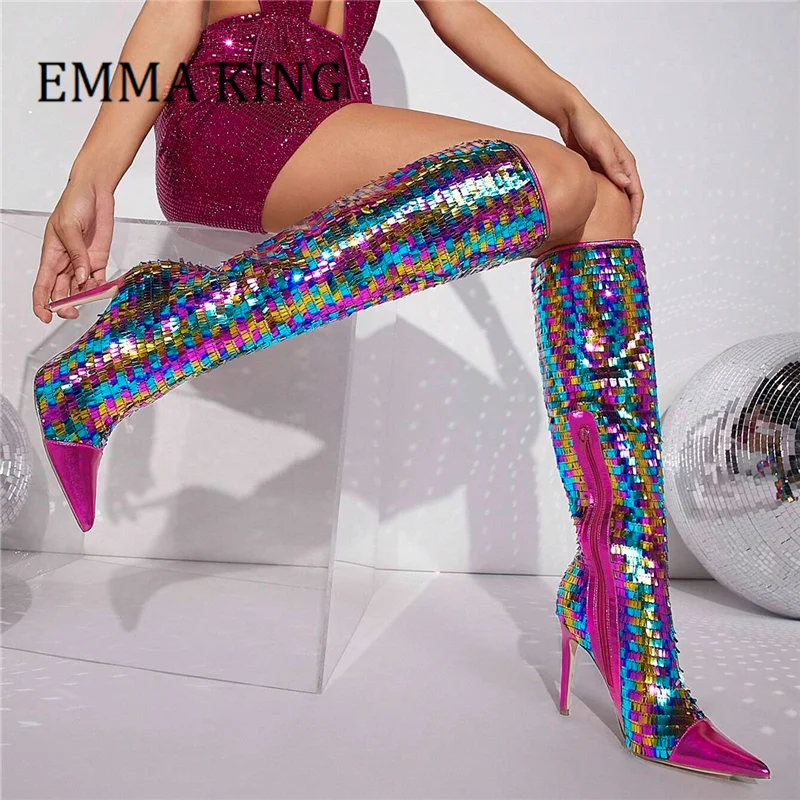 Women Rectangular Sequin Knee High Boots Sexy Pointed Toe Stiletto Heel Multicolor Boots Ball Party Bling Bling Dress Shoes 44