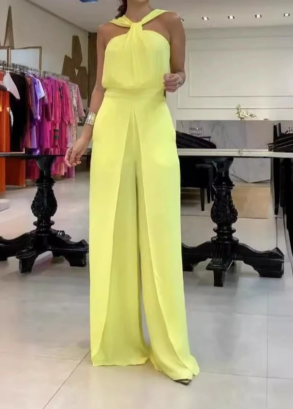 

Small Fresh Style Sleeveless Backless High Waisted Loose Wide Leg Pants with Slit Jumpsuit for Women's Casual Thin Summer Wear