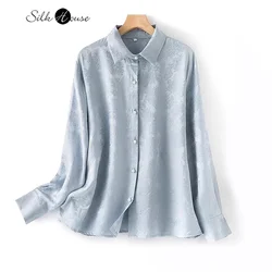 2024 Women's Spring New 100% Natural Mulberry Silk Jacquard HuaLuo Long Sleeved Square Neck Simplicity Commuter Office Shirt