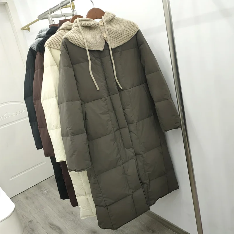 

2025 Европейская зимняя новая женская куртка-пуховик, вязаный повседневный пуховик с капюшоном