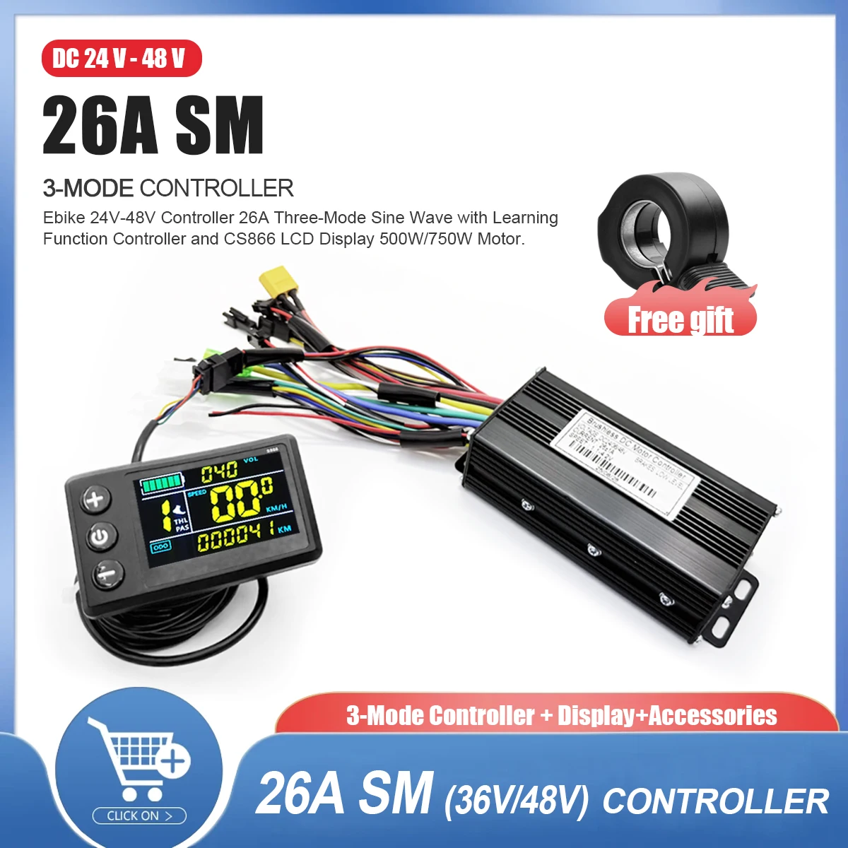 

Electric Bicycle Sine Wave Controller 36V/48V Three-Mode 26A with UART Protocol No.2 Color LCD S966 NFCDisplay No Hall Work