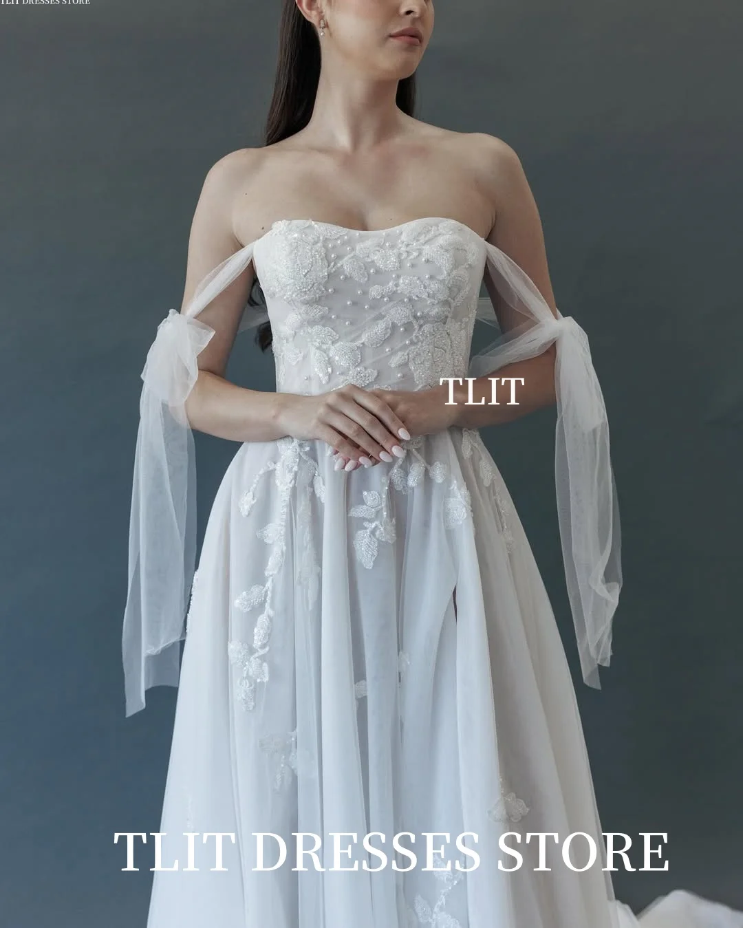 TLIT Elegant Beadings Wedding Dresses Strapless High Side Split Off Shoulder Bow Tie Gowns Robe De Mariée customized Sweep Train