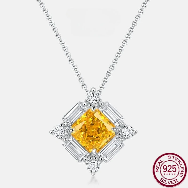 

New S925 pure silver high carbon diamond inlaid square ice flower cut fashionable yellow diamond necklace for wedding jewelry