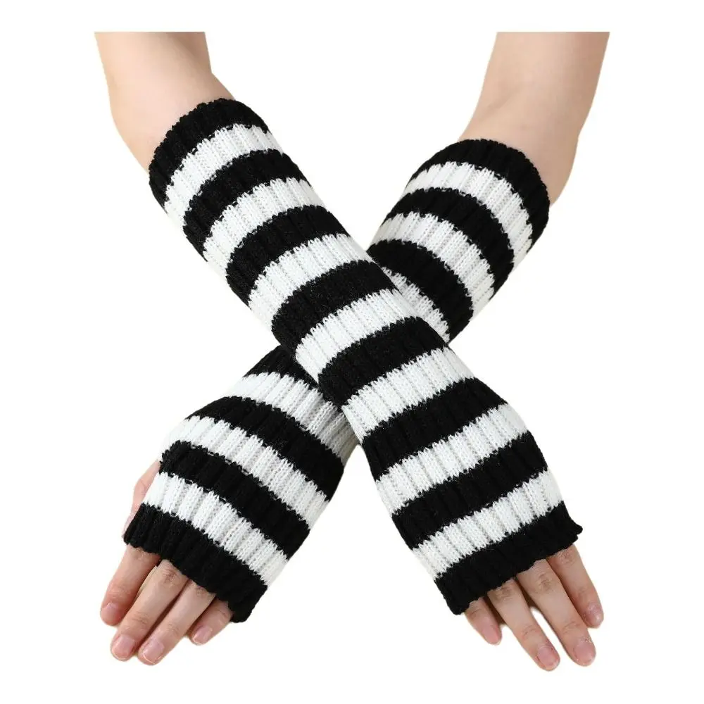 Knitted Long Fingerless Gloves Elbow Length Striped Arm Warmers False Sleeves Goth Style Knitted Gloves Autumn Winter