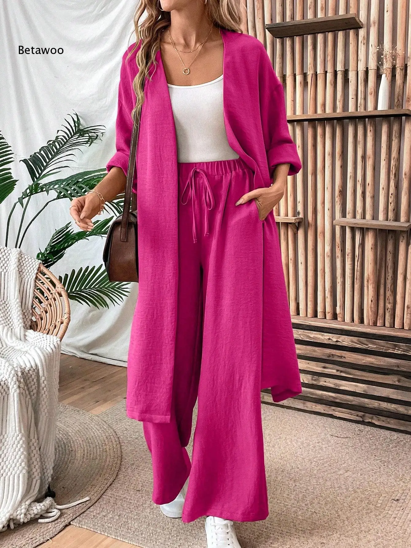 Women Two Piece Outfit Long Open Front Cardigan and Elastic Waist Wide Leg Pants Set Loose Casual Suit for Vacation Daily Wear view 4