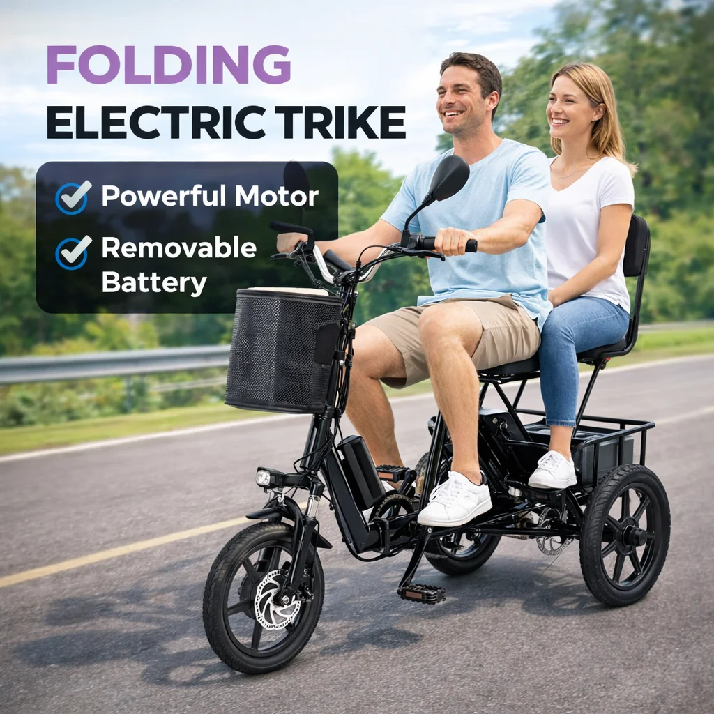 

Folding Electric Trike 500W Peak Powerful Motor 480Wh Removable Battery Long Range 2-Seat Design with Large Basket for Adult