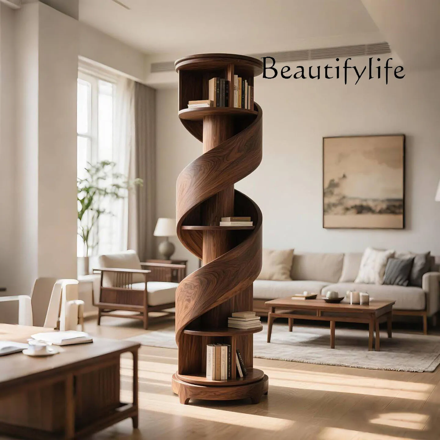 

New Chinese-style North American black walnut spiral bookshelf rotating bookshelf living room wall solid wood shelf