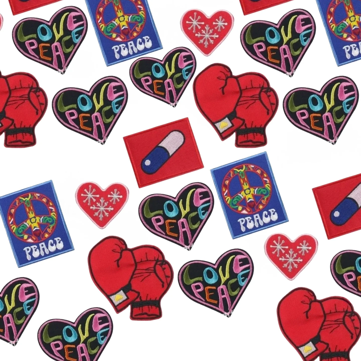 

Factory Direct Sales Patches Letter Love Peace Pills, Gloves, Embroidered Cloth Stickers, Spot Adhesive-backed DIY Clothing