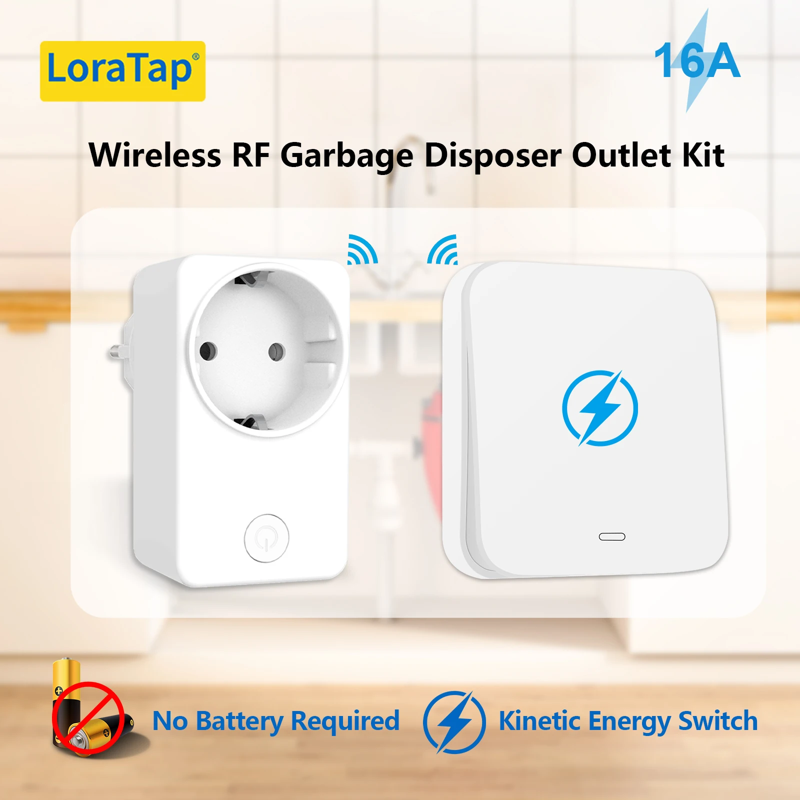 LoraTap Wireless 16A EU Plug Socket with Waterproof Kinetic Switch For Food Waste Grinder Disposer, Fan, Oven and Microwave