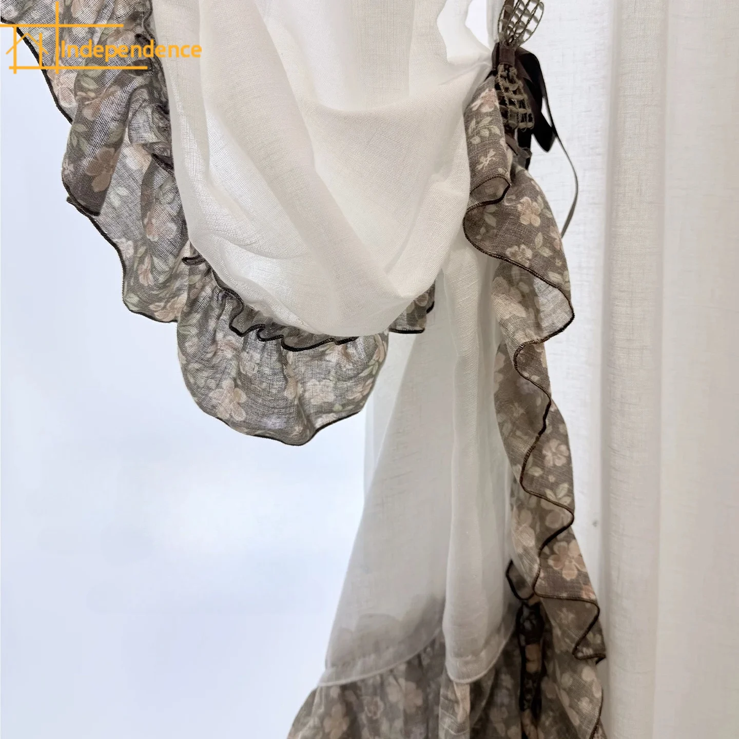 Retro Countryside Cotton Linen Rice Apricot Floral Gauze Curtain Splicing Curtains for Bedroom and Living Room Customized