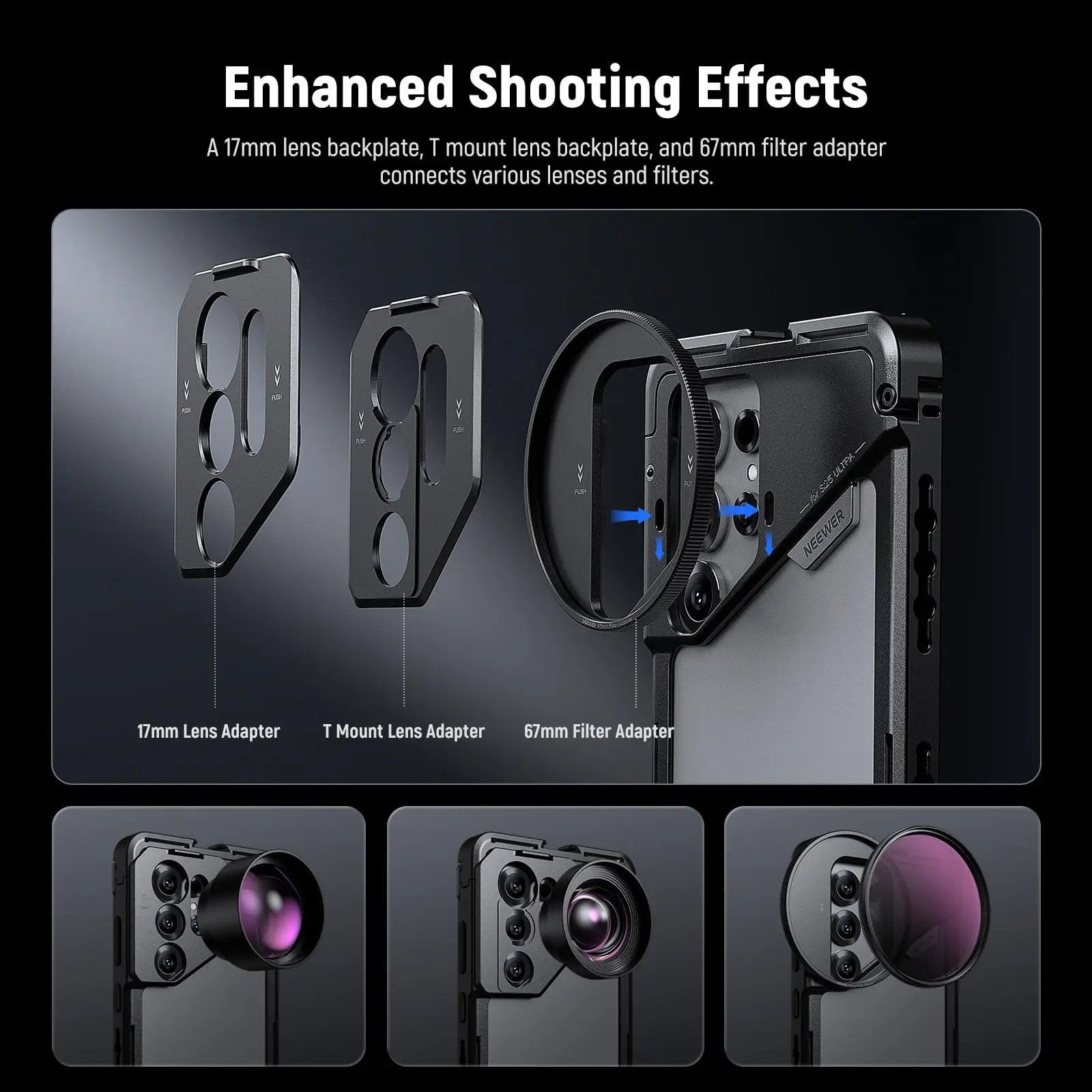 قفص هاتف NEEWER S25 Ultra، مثبت هاتف محمول مع محول مرشح 67 مم متوافق مع هاتف Samsung Galaxy S25 Ultra
