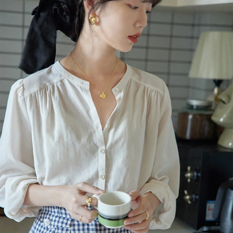 Chemises à manches longues pour femmes, chemisiers en coton boutonné, coupe cintrée, col rabattu, décontracté, élégant, tenue féminine, qualité douce, printemps