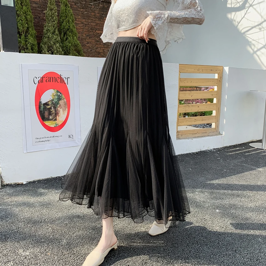 Spring Summer Pleated Elegant Mermaid Mesh Skirt Women Elastic Waist Casual Office Lady High Quality Black Apricot Long Skirts