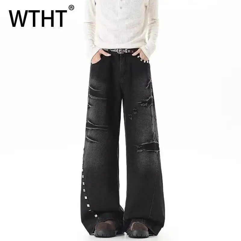 

WTHT Fashion Men's Hole Pleated Wash Do Old Denim Pants Vintage 2026 Summer High-waisted Wide Leg Jeans Male 2A3223