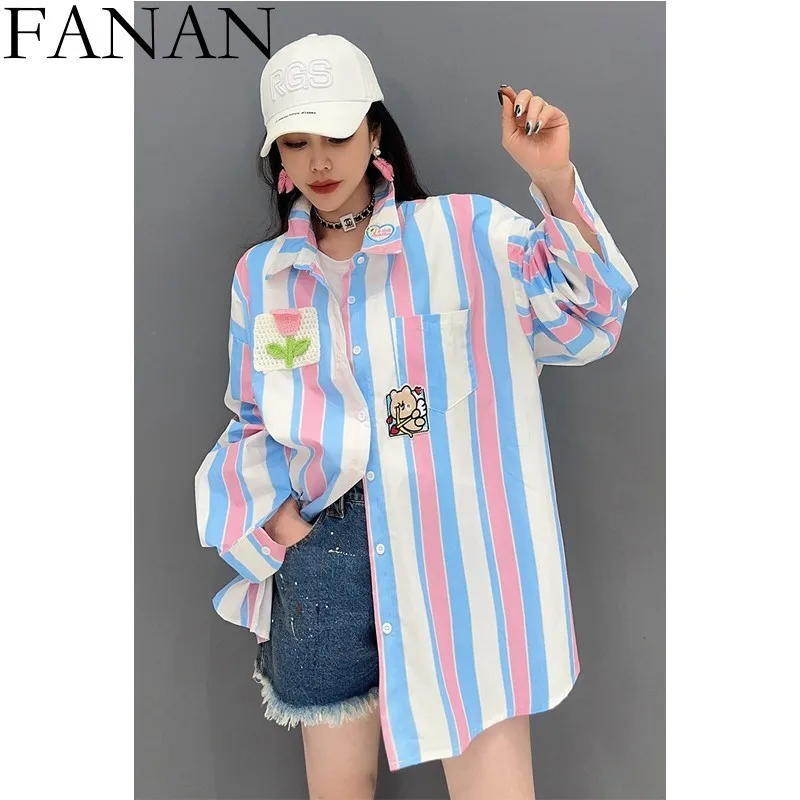 

2024 Spring Autumn New Blue White Striped Shirt Women Long Sleeve Patch Classic Top Loose Size Casual LX086