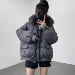 Winter New Large Fox Fur Collar Hooded Light Feather Jacket Women 90% White Duck Down Short Coat Warm Puffer Green Outwear