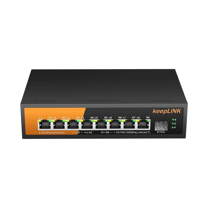 Conmutador multigigabit KeepLiNK de 9 puertos con Ethernet de 8 PoE de 2,5 Gb y conexión ascendente de 1 SFP+ de 10 Gb