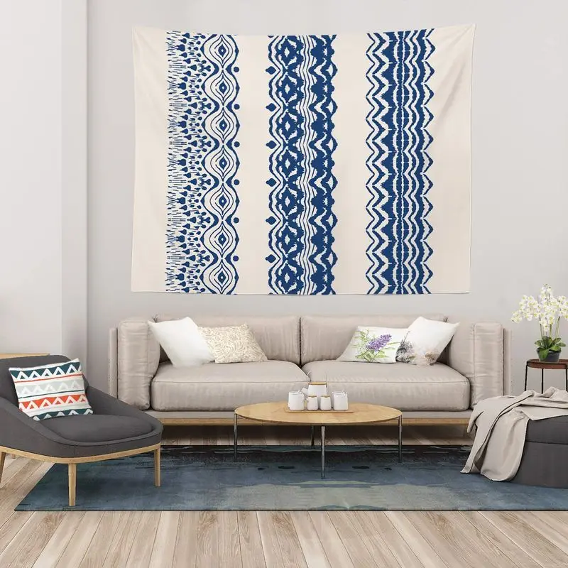 VIKAMA Blue White Vertical Stripe Tapestry Wall Hanging Ikat Boho Geometric Tribal Aesthetic Wall Art Bedroom Living Room Decor
