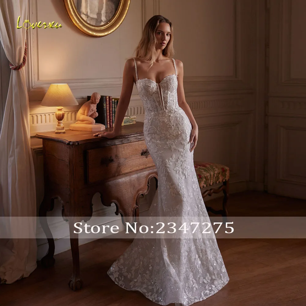 Loverxu sirena vestidos De Novia Sexy tirantes espagueti Vestido De Novia encaje bordado con chaqueta vestidos De Novia hechos a medida