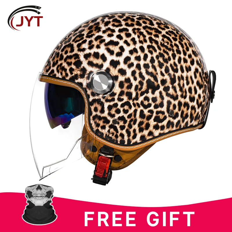 

Желтый леопардовый принт 3/4, мотоциклетный шлем с открытым лицом и системой двойных линз, ветрозащитный и теплый для взрослых, повседневные поездки на работу
