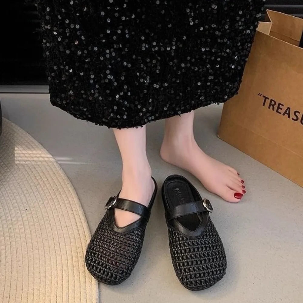 1Pair Mesh Hollow Baotou Half Slippers Soft Bottom Comfortable Flat Bottom Slippers Lightweight Breathable Sandals Summer