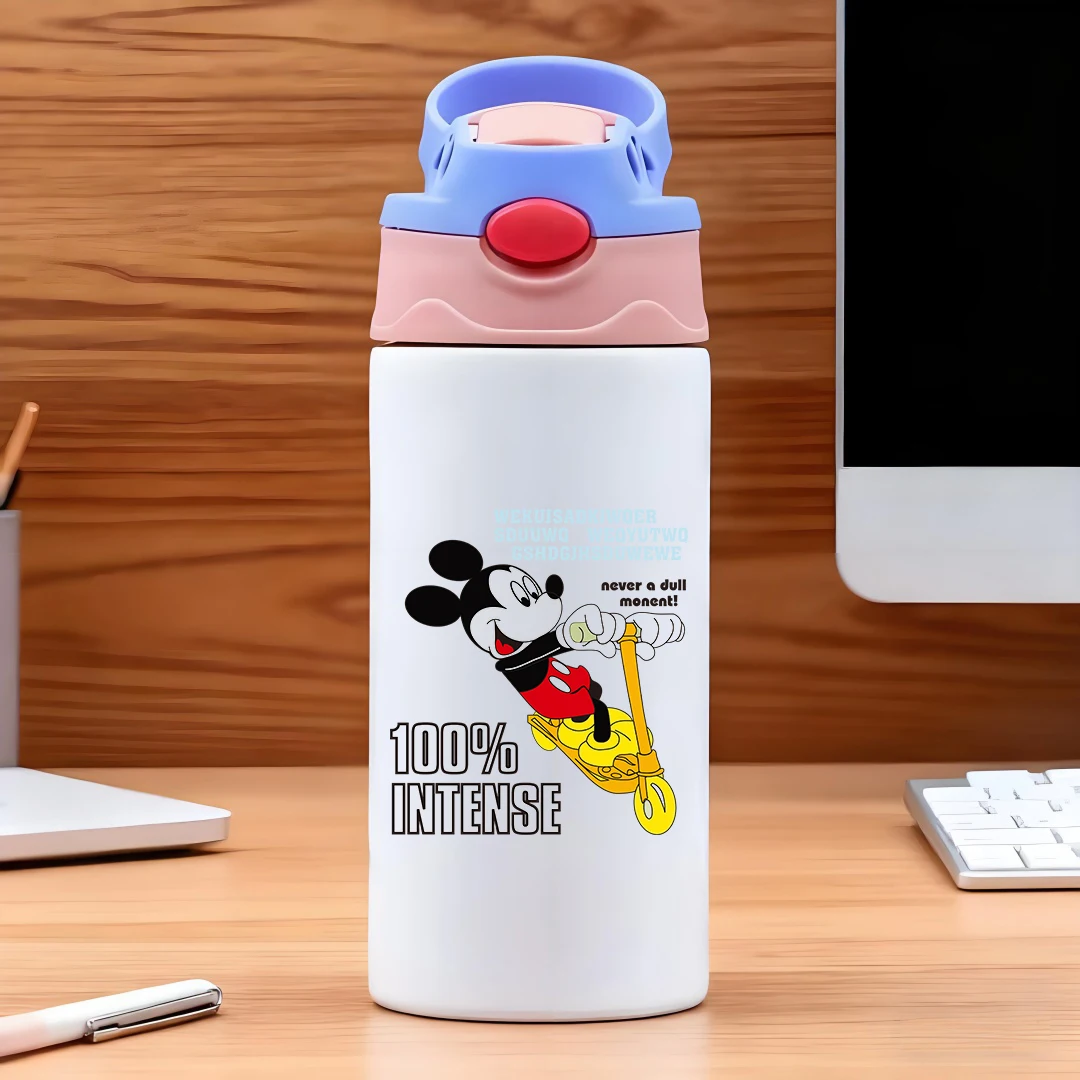 

Disney Mickey Mouse cartoon vacuum cup with colorful text 100% INTENSE stainless steel straw cup for kids New Year's gift
