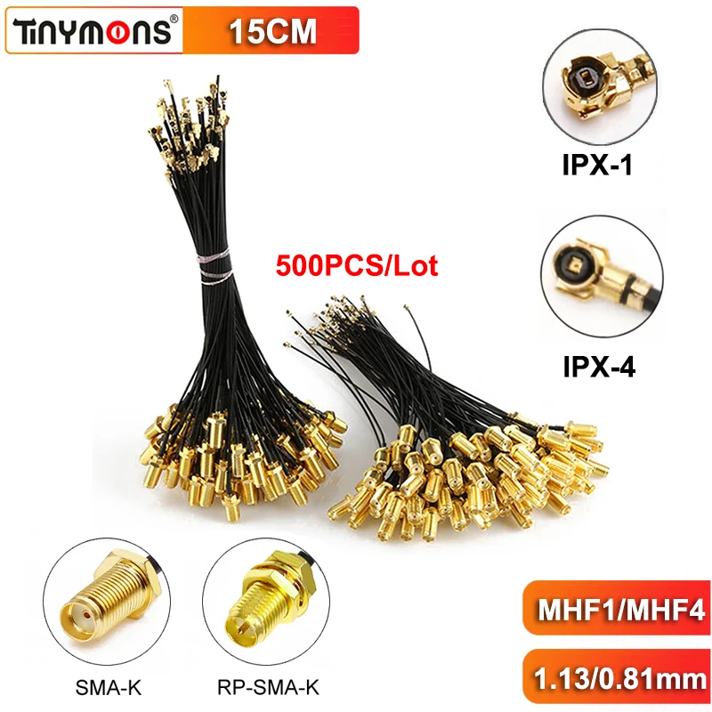 RF同軸ケーブルピグテールジャンパー、smaメスからufl、u。アダプター,ipx,ipx1,uhf4,RP-SMA,15cm, 1.13, 0.81mm, 500個,卸売