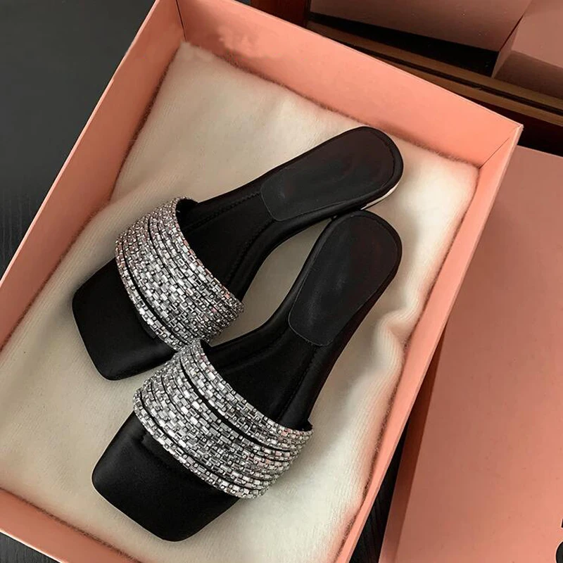 Luxury Design Shiny Crystal Women Slippers Flats Shoes Outdoor Wear Open Toe  Thin High Heel Slides Glitter Flip Flops Females