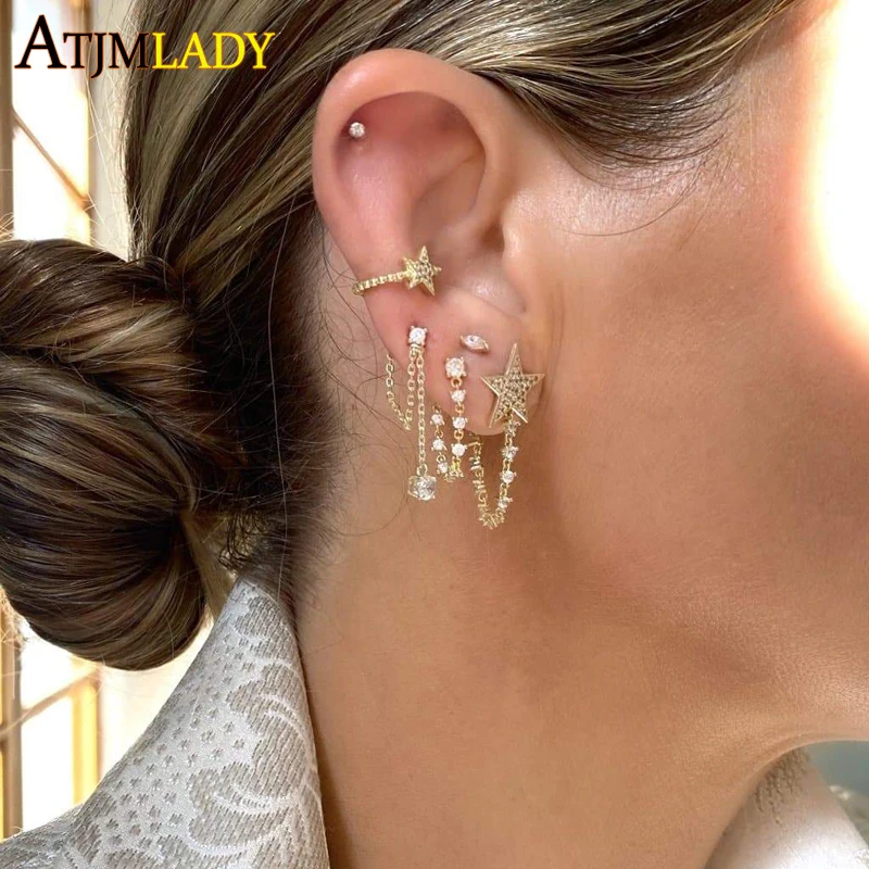 Gold Plated Sparking Clear CZ Paved With Tassel Chain Star Shaped Multi Piercing Double Sided Fashion Earring For Women