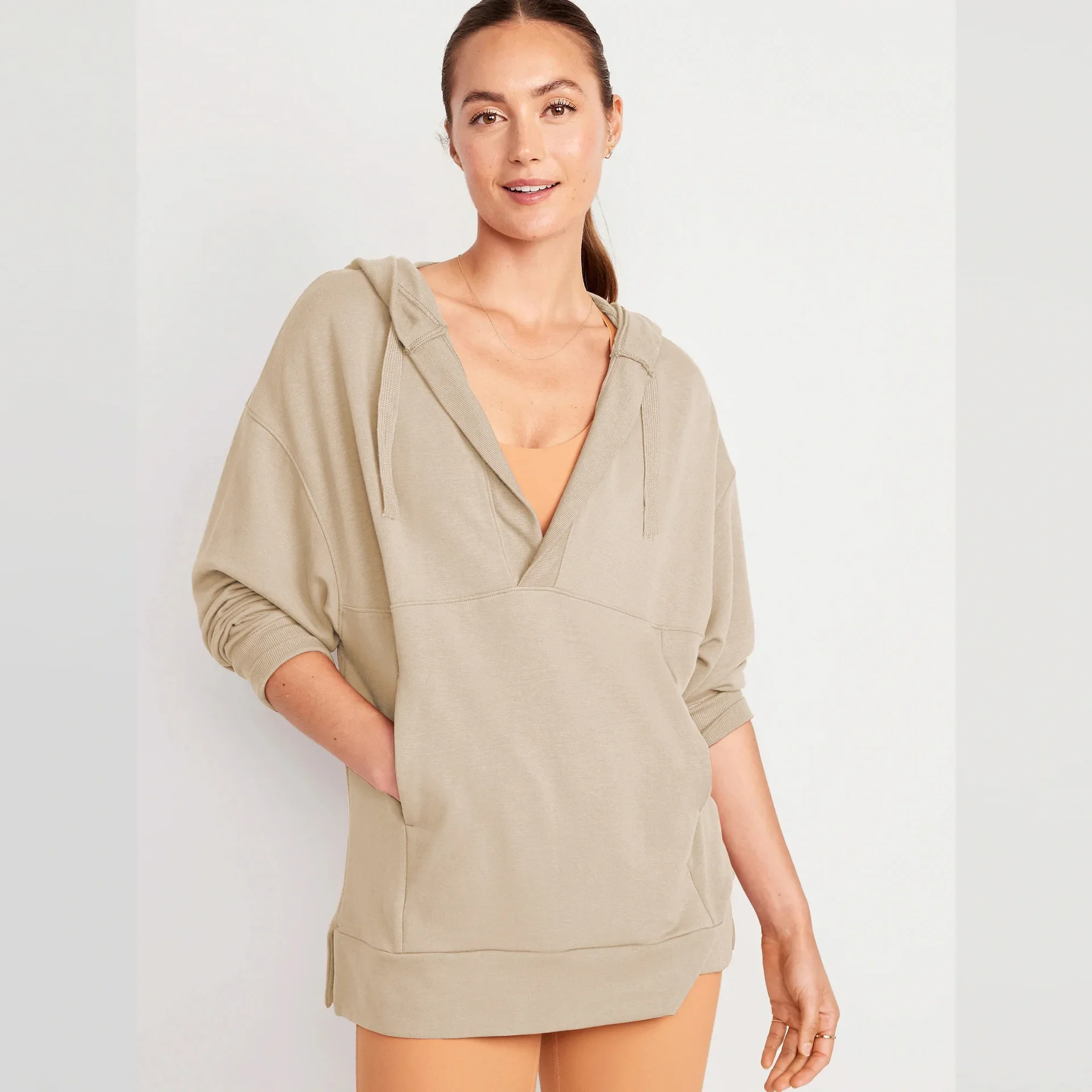 2025ฤดูใบไม้ผลิฤดูใบไม้ร่วงใหม่ผู้หญิงHoodiesหญิงVคอสีทึบHooded Drawstring Pullovers Lady's Oversizeเสื้อกันหนาว