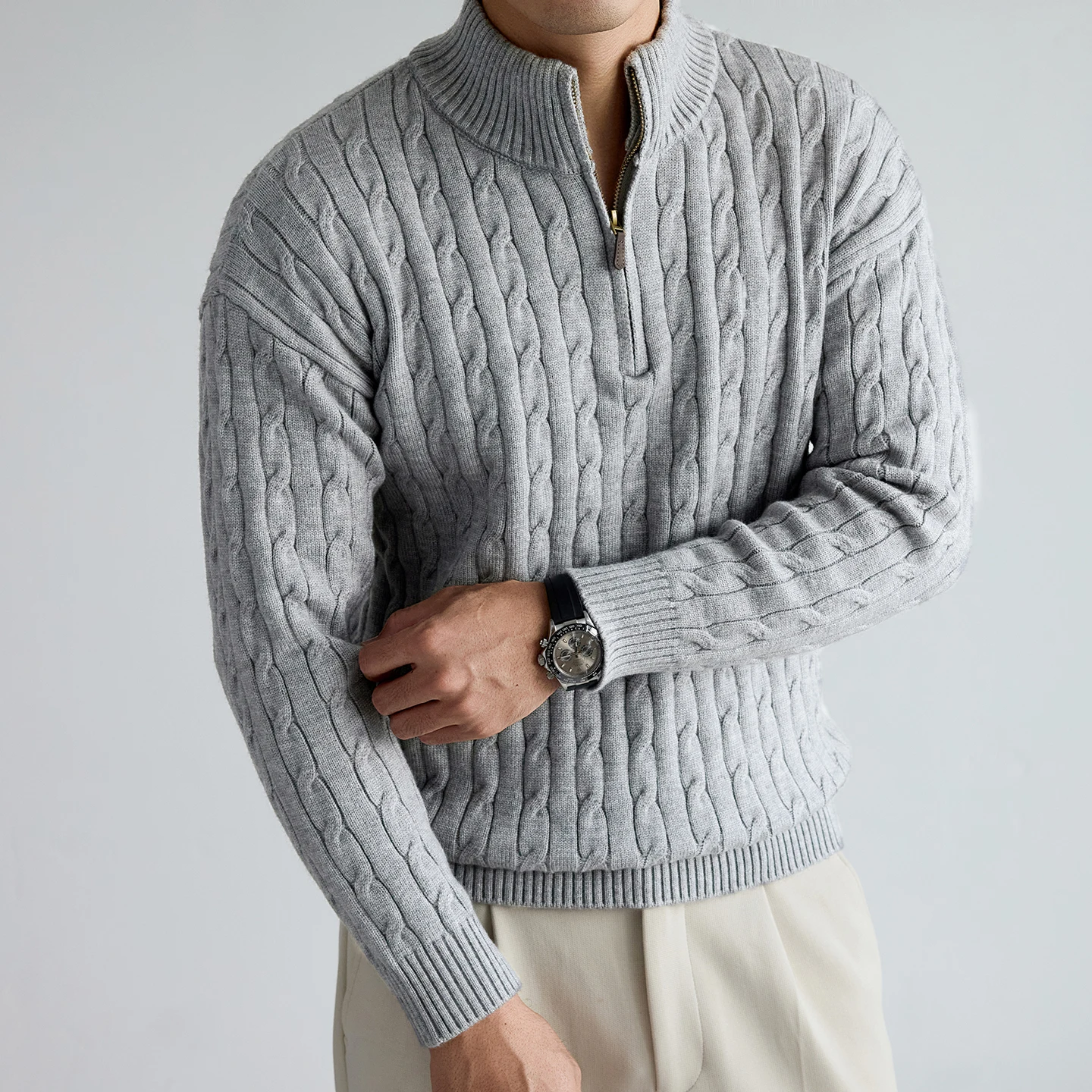 High quality fashion jacquard sweater men's winter thick new classic solid color comfortable warm zipper collar knitted pullover