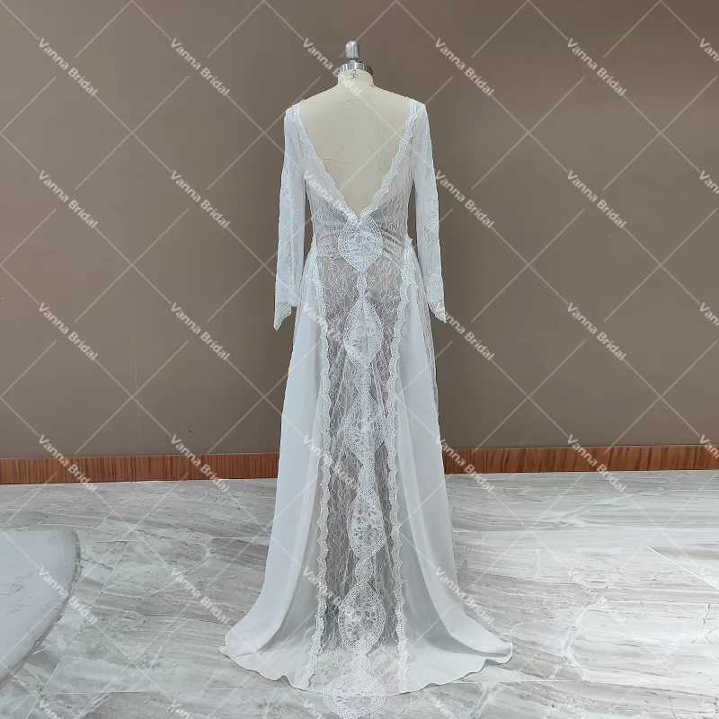 Robe de mariée en dentelle Boho Elopement Beach, manches longues, col bateau, sur mesure, drop sunshine, grande taille, perles, mousseline de soie, patients, quoi que ce soit