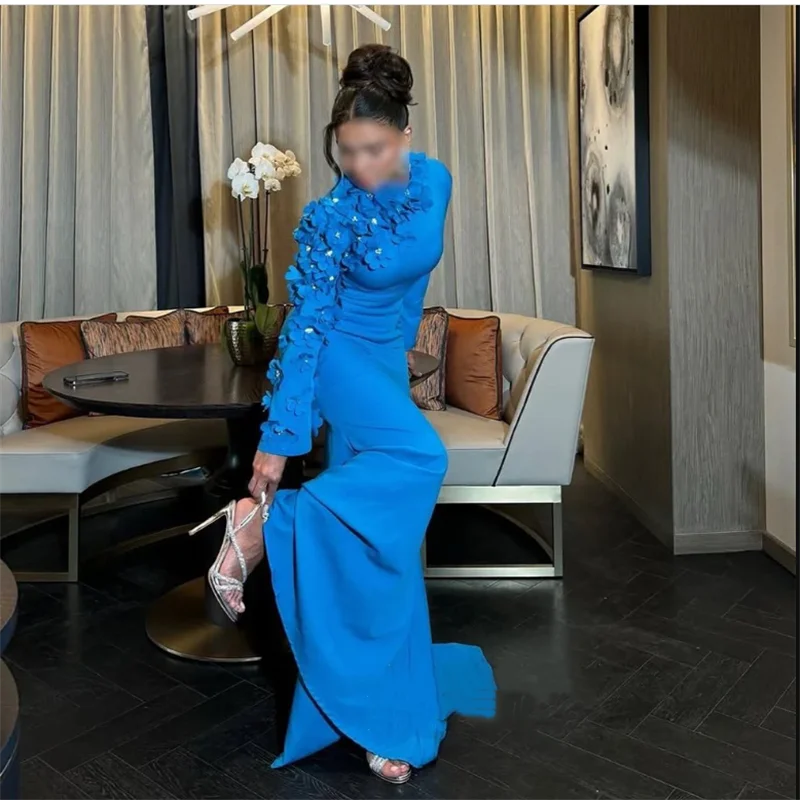 Vestido de noite saudita com flores 3d, personalizado, gola redonda, mangas compridas, costas abertas, trem de varredura, vestido de baile de sereia