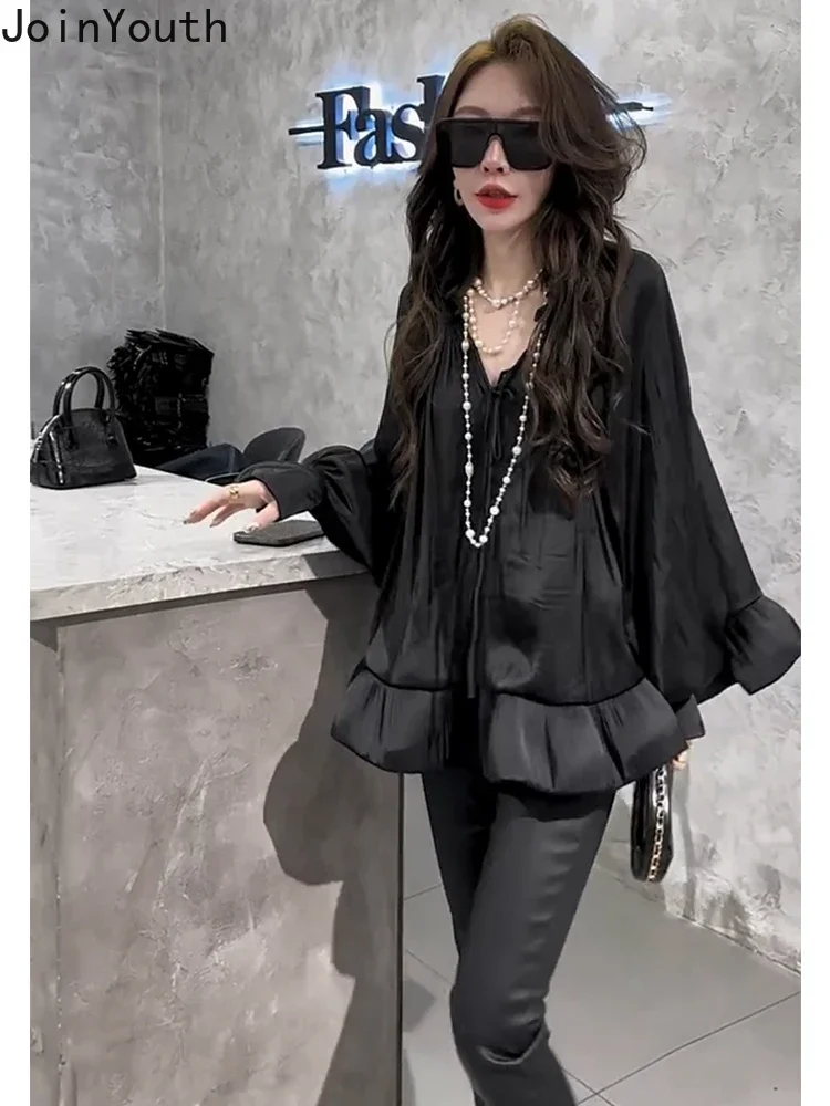 Vintage Shirts Women Loose Summer Chiffon Blouses Solid Color Long Sleeve V-neck Ruffles Blouse Tops 2024 Blusas Mujer De Moda