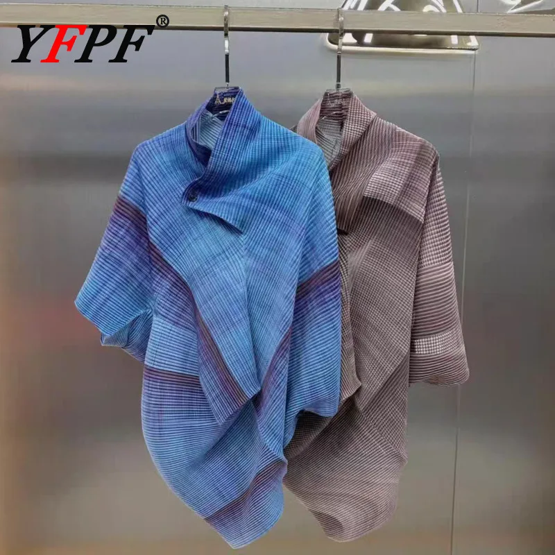 

YFPF Miyake Pleated Design Asymmetrical Blouse For Women Fashion Printing Contrast Color Button Tops Casual 2025 New Clothing