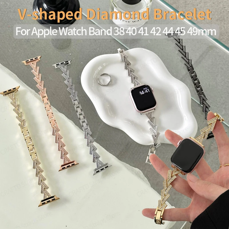 

V-shaped Bling Diamond Strap for Apple Watch Band Ultra2 49mm 40mm 45mm 44mm 41mm Stainless Steel Bracelet for IWatch 9 8 7 Se 6