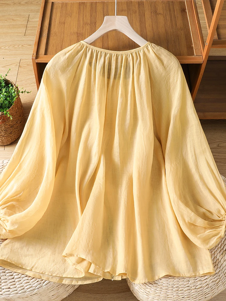 Summer Lace-Bordered Loose Women's Shirt with Lantern Sleeves And Belt High-End Japanese Style White Cover-Up Versatile for All view 3