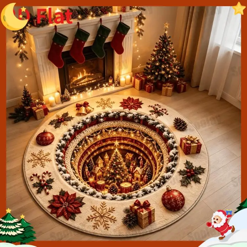 Circular Floor Mat 2D Illusion Christmas Gnome Basket Carpet Flannel Soft Warm Plaid Checkered Floorpad Home Decor